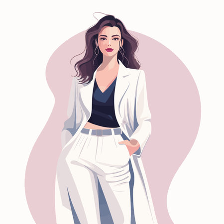 Fashionable young woman in a white coat. Vector illustration.のイラスト素材