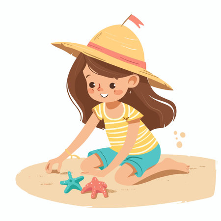 Cute little girl playing with starfish and sand. Vector illustrationのイラスト素材