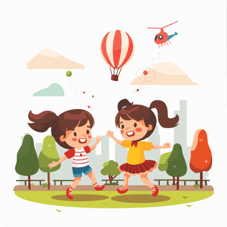 Cute kids playing in the park. Vector illustration in cartoon styleのイラスト素材