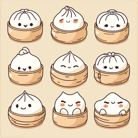 Illustration of a set of cute Chinese steamed dumplingsのイラスト素材