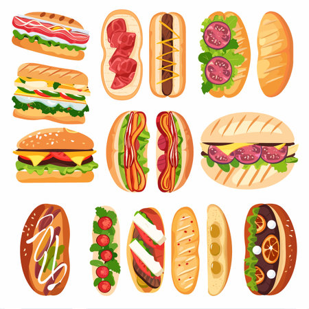Set of fast food icons. Hot dog, sandwich, hamburger, pizza, pizza, sandwich. Vector illustrationのイラスト素材