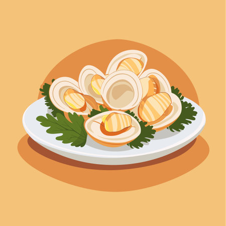 Salad with scallops on a plate. Vector illustration.のイラスト素材