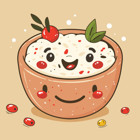 Cute vector illustration of a porridge in a bowl with cherriesのイラスト素材