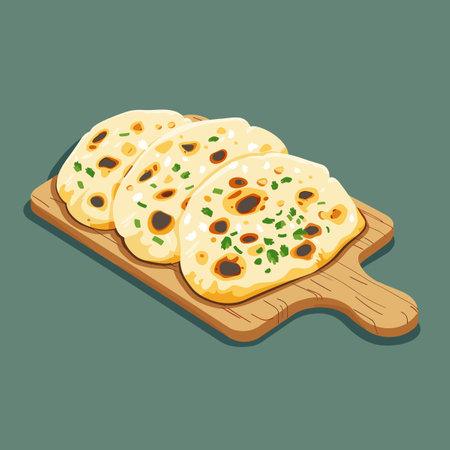 Indian flatbread on wooden board isolated on green background. Vector illustration.のイラスト素材