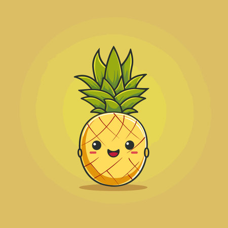 Cute cartoon pineapple character. Vector illustration isolated on yellow background.のイラスト素材