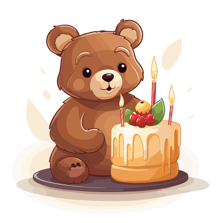 Cute teddy bear with birthday cake. Vector cartoon illustration.のイラスト素材