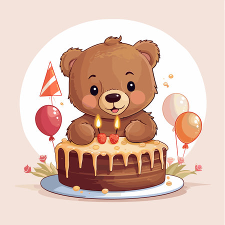 Cute cartoon teddy bear with birthday cake. Vector illustration.のイラスト素材