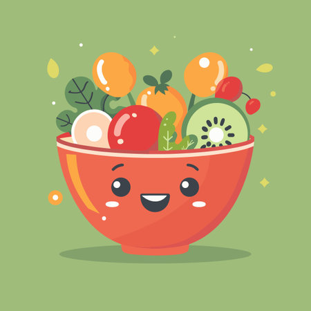 A cartoon bowl of fruit with a smiling face. The bowl is filled with a variety of fruits including apples, oranges, and kiwisのイラスト素材
