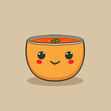 A cartoon bowl of soup with a smiling face. The bowl is orange and has a cartoonish designのイラスト素材