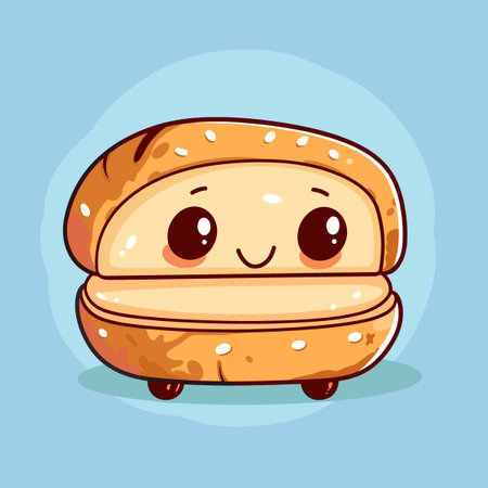 A cartoon bread roll with a smile on its face. The bread roll is sitting on a blue backgroundのイラスト素材