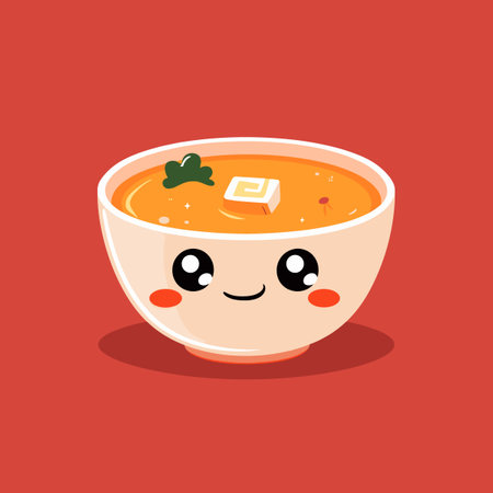 A cartoon bowl of soup with a smiling face. The bowl is filled with a creamy soup and has a piece of butter floating on top. The image has a playful and lighthearted mood, as the cartoonish bowlのイラスト素材