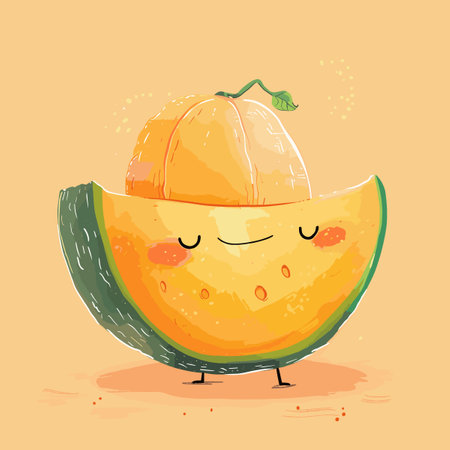A cartoon Cantaloupe with a green leaf on top. The fruit is smiling and has a happy expressionのイラスト素材