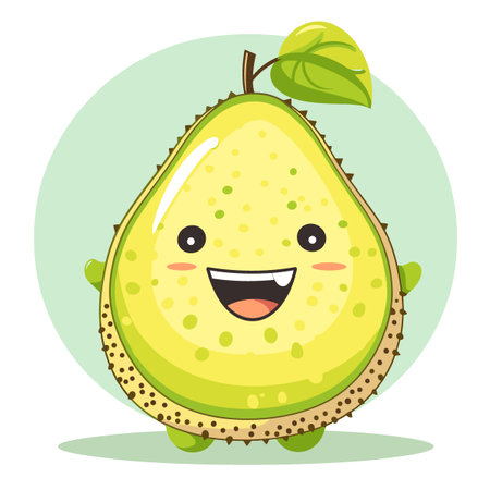 A cartoon drawing of a Breadfruit with a leaf on top. The Breadfruit is smiling and has a cute...