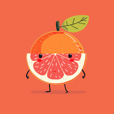A cartoon drawing of a grapefruit with a green leaf on top. The grapefruit is smiling and he is happyのイラスト素材