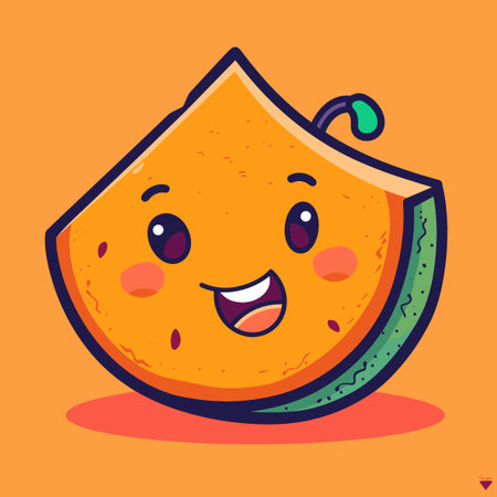 A cartoon face made out of a cantaloupe. The cartoon face is smiling and has a happy expressionのイラスト素材