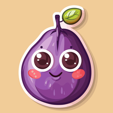 A cartoon fruit Fig with a big smile on its face. The fruit is purple and has a green stemのイラスト素材