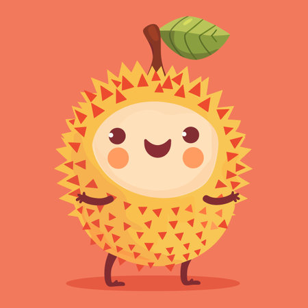 A cartoon fruit Durian with a smiling face. The fruit is holding a stick and he is happyのイラスト素材