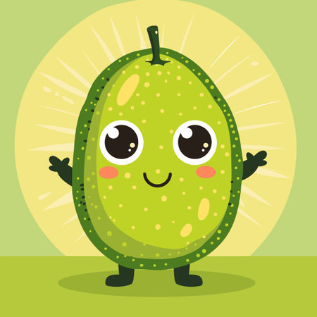 A cartoon fruit Feijoa with a green skin and a smiling face. The fruit is holding a leaf in its handのイラスト素材