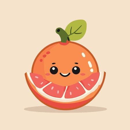 A cartoon Grapefruit with a smiling face and a green leaf on top. The orange is cut into slices and the slices are smilingのイラスト素材