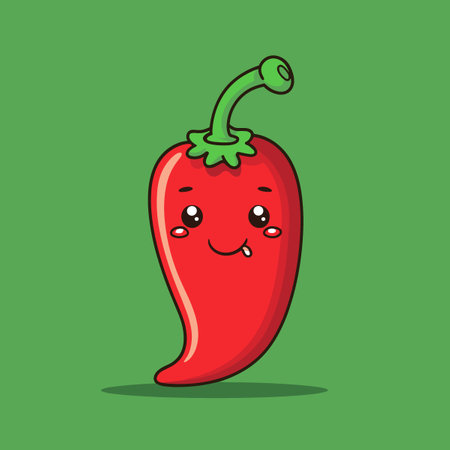 A cartoon pepper with a smile on its face. The pepper is red and has a green stemのイラスト素材