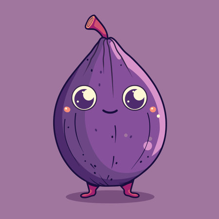 A purple fruit Fig with a big smile on its face. The fruit is wearing shoes and has a red stemのイラスト素材