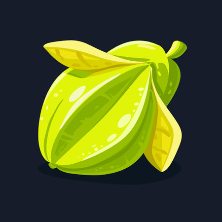 A yellow fruit with a green leaf on top. The fruit is shaped like an "A" and is surrounded by a leafのイラスト素材