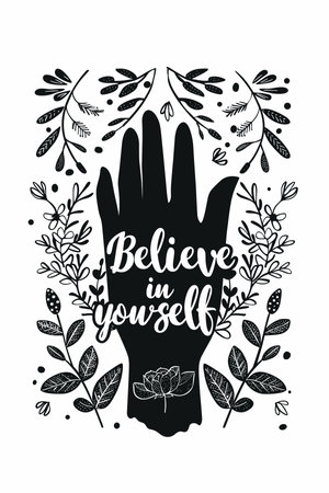 Black and white hand drawn vector illustration with lettering Believe in yourself.のイラスト素材
