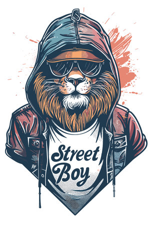 Lion in a motorcycle helmet and leather jacket. Vector illustration.のイラスト素材