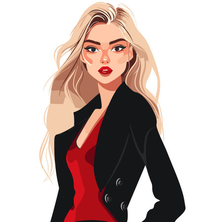 A woman in a red dress stands in front of a white background. She is wearing a black jacket and has red lipstickのイラスト素材