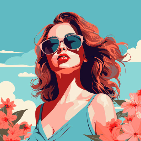 A woman with red hair and sunglasses is standing in front of a flower garden. The image is a colorful and vibrant representation of a summer dayのイラスト素材