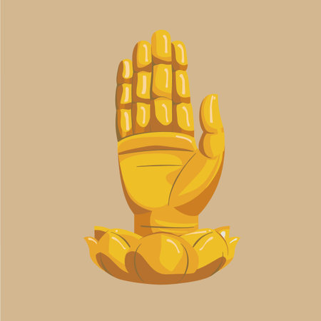 A hand is shown in gold with a lotus flower in the background. The image has a serene and peaceful mood, with the lotus flower symbolizing purityのイラスト素材