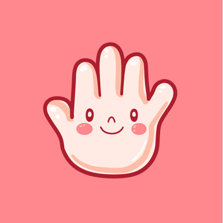A cartoon hand with a smiley face on it. The hand is on a pink backgroundのイラスト素材