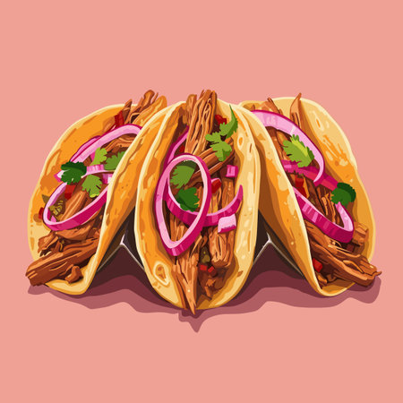 Three tacos with onions and meat are on a pink background. The tacos are arranged in a way that they look like they are stacked on top of each other. Concept of abundance and indulgenceのイラスト素材