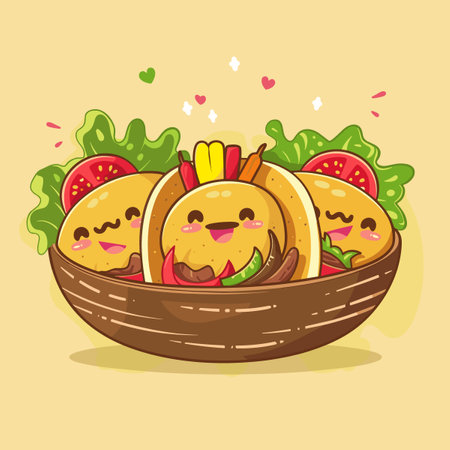 A cartoonish drawing of three food items, including a sandwich, a taco, and a hot dog, all smiling and surrounded by lettuce and tomatoesのイラスト素材