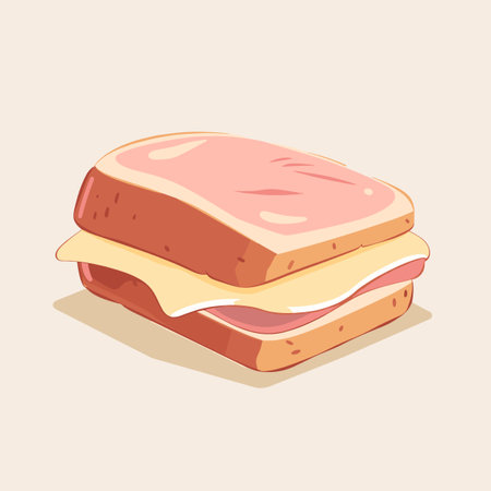 A cartoon drawing of a ham and cheese sandwich. The sandwich is cut in half and is sitting on a white backgroundのイラスト素材