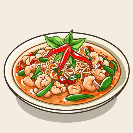 A bowl of food with a green leaf on top. The bowl is blue and white. The food is a mix of meat and vegetablesのイラスト素材