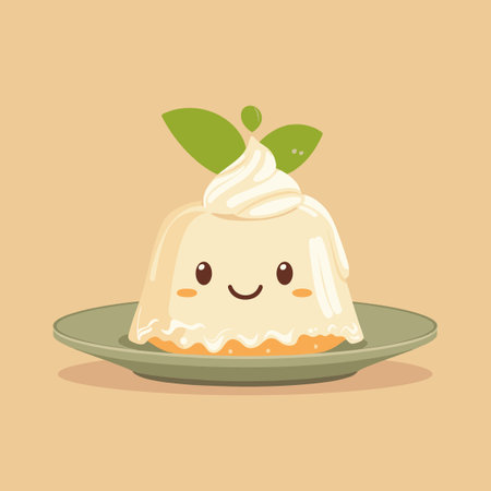 A cartoon dessert with a green leaf on top. The dessert is smiling and has a happy expressionのイラスト素材