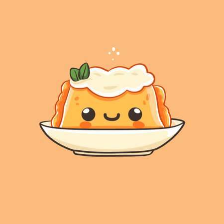 A cartoonish looking pastry with a green leaf on top sits on a white plate. The pastry is smiling and he is happyのイラスト素材