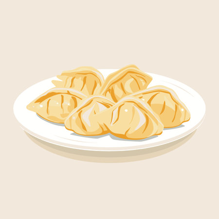 A plate of dumplings is shown in a cartoon style. The dumplings are yellow and arranged in a circle on the plate. The plate is white and the background is a light colorのイラスト素材