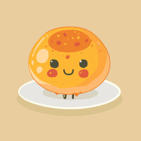 A cartoon character is sitting on a white plate with a donut on it. The character is smiling and he is happyのイラスト素材