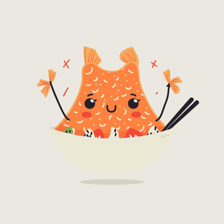 A cartoon character is eating food in a bowl. The character is smiling and he is enjoying the mealのイラスト素材