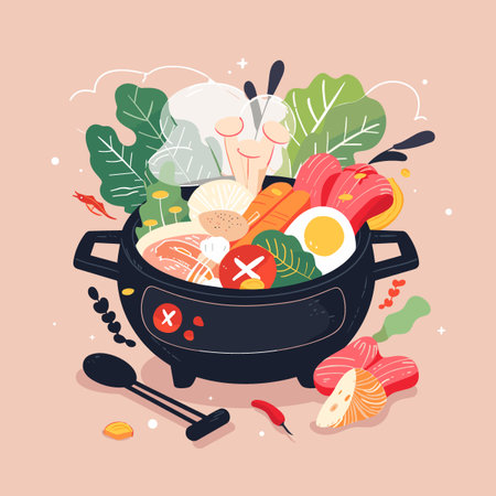 A black Hot pot filled with vegetables and meat, with a spoon and a knife nearby. Scene is warm and inviting, with the colorful vegetables and meat creating a sense of comfort and nourishmentのイラスト素材