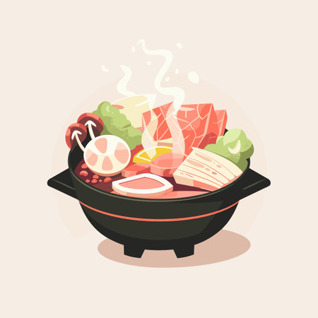A bowl of food with meat, vegetables, and sauceのイラスト素材