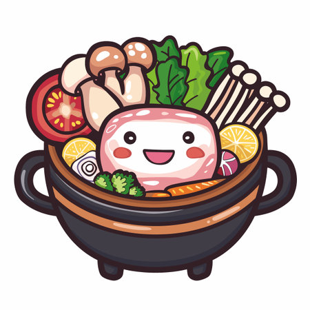 A cartoonish bowl of food with a smiling face and a variety of vegetables and meat. The bowl is filled with broccoli, carrots, and mushrooms, and there are also some tomatoes and lemonsのイラスト素材