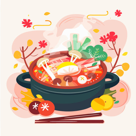 A colorful bowl of food with shrimp, vegetables, and mushrooms. The bowl is on a stove with steam coming out of itのイラスト素材