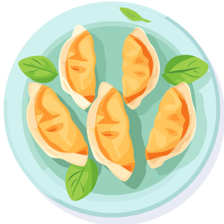 A plate of dumplings with green leaves on top. The dumplings are yellow and arranged in a circleのイラスト素材