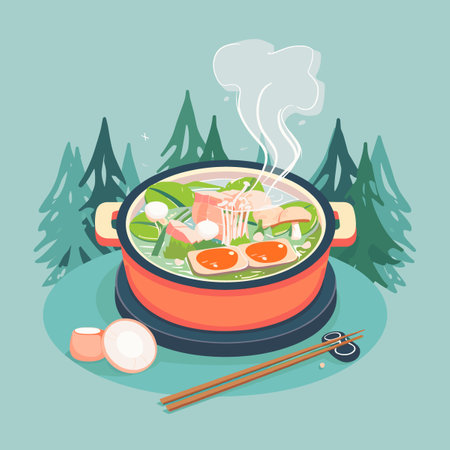 A Hot pot of soup with a few pieces of meat and vegetables in it. The background features a forest with treesのイラスト素材