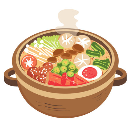A cartoonish bowl of food with a smiling face and a variety of vegetables and meat. The bowl is filled with broccoli, carrots, and mushrooms, and there are also some tomatoes and lemonsのイラスト素材