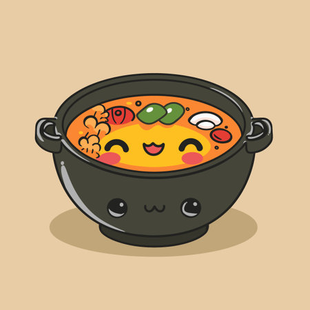 A cartoon bowl of ramen with a smiling egg and broccoli. The bowl is white and the background is orangeのイラスト素材