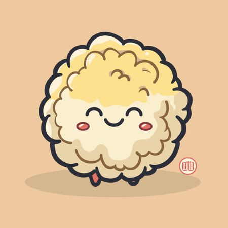 A cartoon character with a big smile on its face. The character is a fluffy white cloud with a yellow centerのイラスト素材